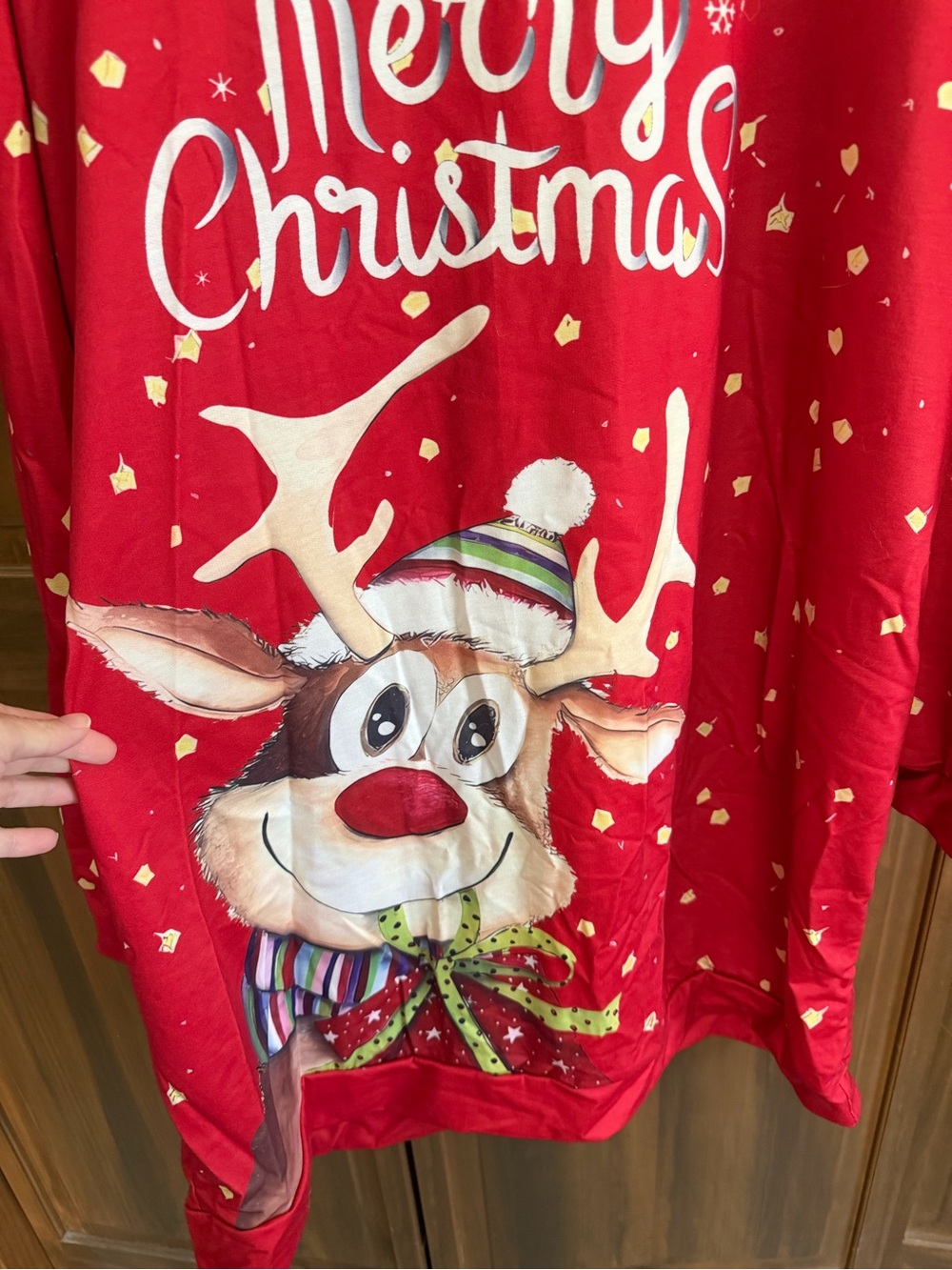 Women's Red Long-Sleeve Holiday Hoodie Dress - Merry Christmas Reindeer - Picture 2 of 7